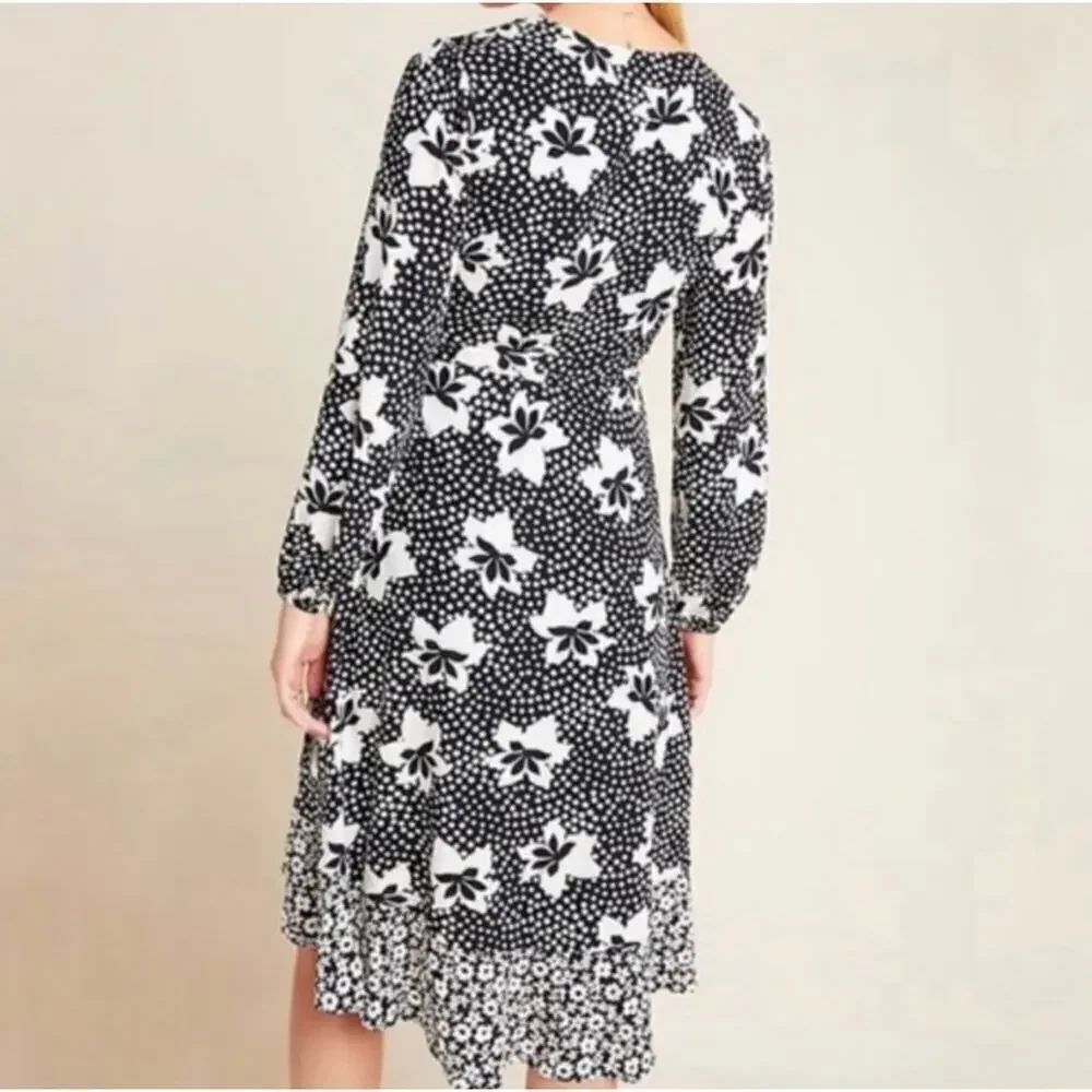 Anthropologie Porridge Amity Wrap Dress Size XS Black and White Floral